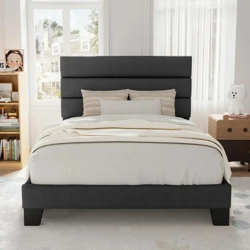 Allewie Queen Platform Bed Frame with Upholstered Headboard and Reinforced Solid Wood Slats