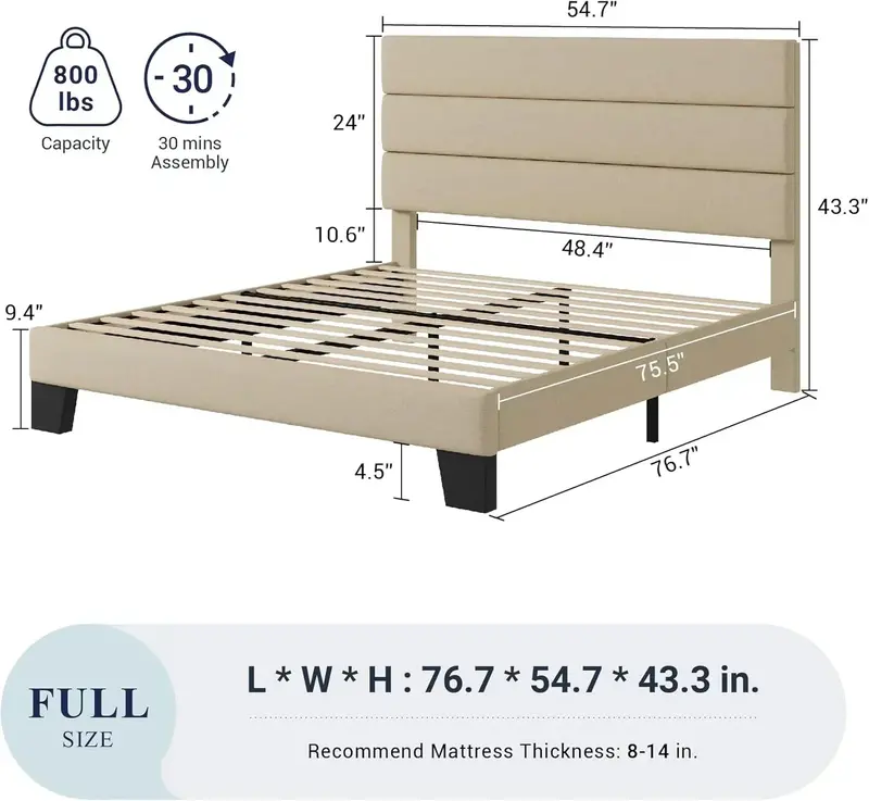 Allewie Queen Platform Bed Frame with Upholstered Headboard and Reinforced Solid Wood Slats