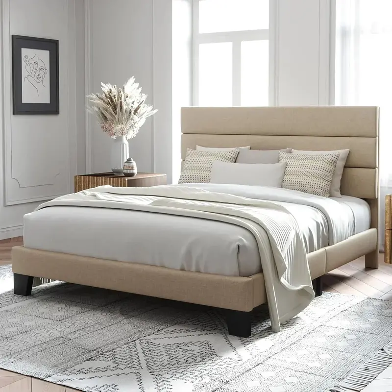 Allewie Queen Platform Bed Frame with Upholstered Headboard and Reinforced Solid Wood Slats