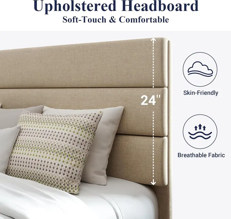 Allewie Queen Platform Bed Frame with Upholstered Headboard and Reinforced Solid Wood Slats