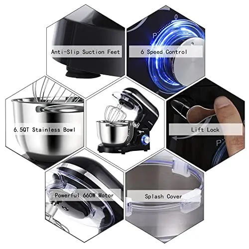 Aucma 6.5-Quart 660W Tilt-Head Stand Mixer – 6-Speed Kitchen Appliance for Baking Enthusiasts