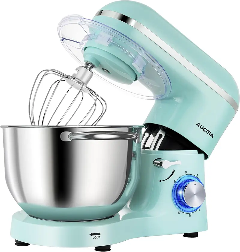Aucma 6.5-Quart Tilt-Head Stand Mixer – 660W Motor, 6-Speed Precision Control, Includes Dough Hook and Polished Stainless Steel Bowl