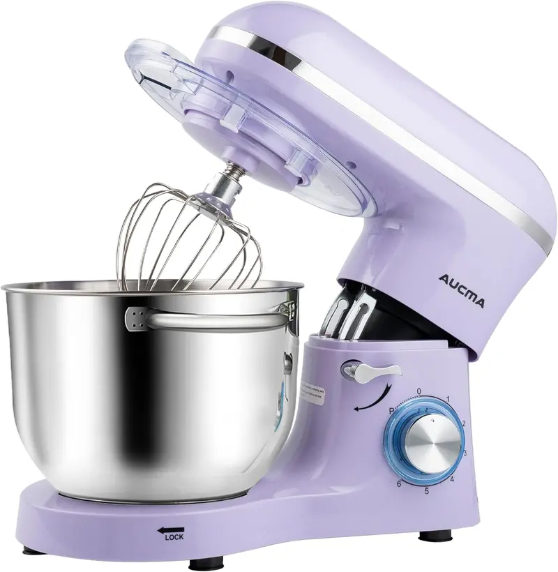 Aucma 6.5-Quart Tilt-Head Stand Mixer – 660W Motor, 6-Speed Precision Control, Includes Dough Hook and Polished Stainless Steel Bowl