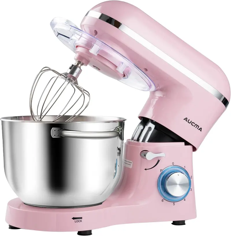 Aucma 6.5-Quart Tilt-Head Stand Mixer – 660W Motor, 6-Speed Precision Control, Includes Dough Hook and Polished Stainless Steel Bowl