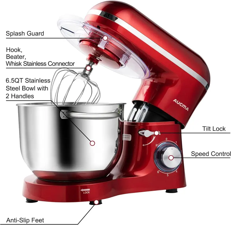 Aucma 6.5-Quart Tilt-Head Stand Mixer – 660W Motor, 6-Speed Precision Control, Includes Dough Hook and Polished Stainless Steel Bowl