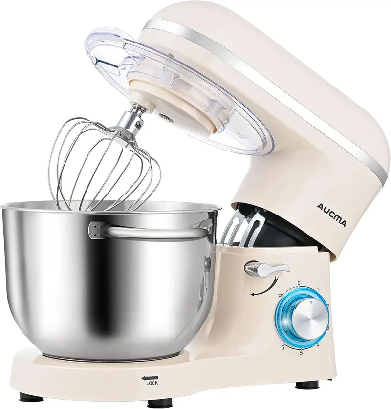 Aucma 6.5-Quart Tilt-Head Stand Mixer – 660W Motor, 6-Speed Precision Control, Includes Dough Hook and Polished Stainless Steel Bowl