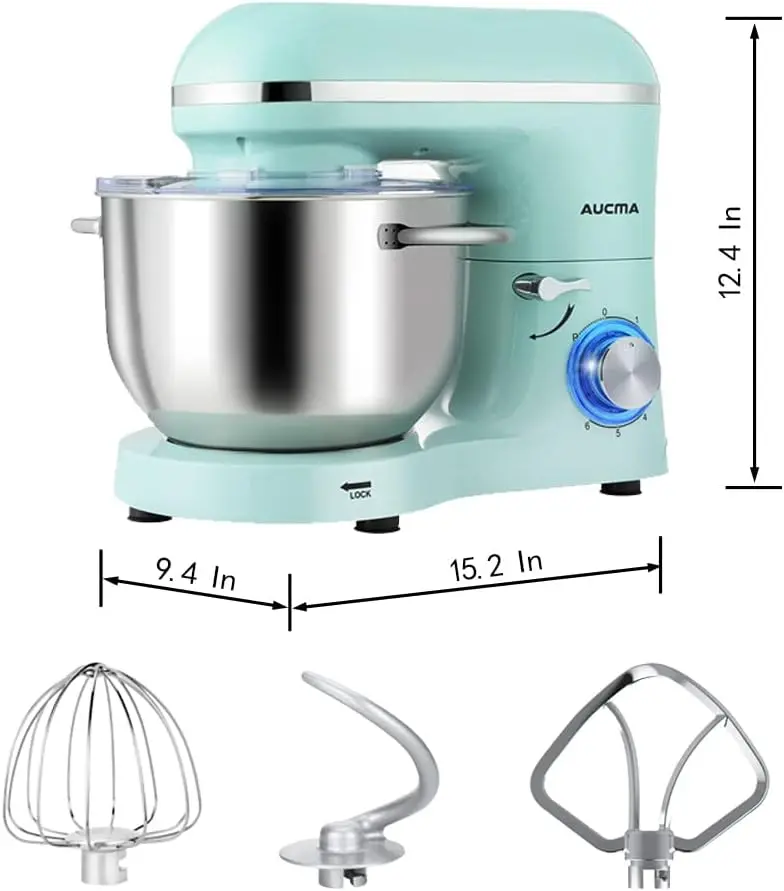Aucma 6.5-Quart Tilt-Head Stand Mixer – 660W Motor, 6-Speed Precision Control, Includes Dough Hook and Polished Stainless Steel Bowl