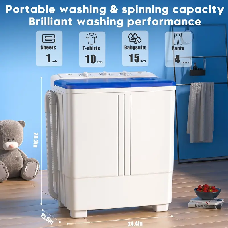 Auertech 28-Lb Twin-Tub Mini Washing Machine – Lightweight Portable Washer with Drain Pump, Optimized for Dorms, Apartments, and RV Use