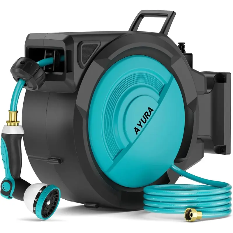 AYURA Auto-Rewind Garden Hose Reel – Retractable Wall-Mounted System with 10-Function Spray Nozzle & Length Lock