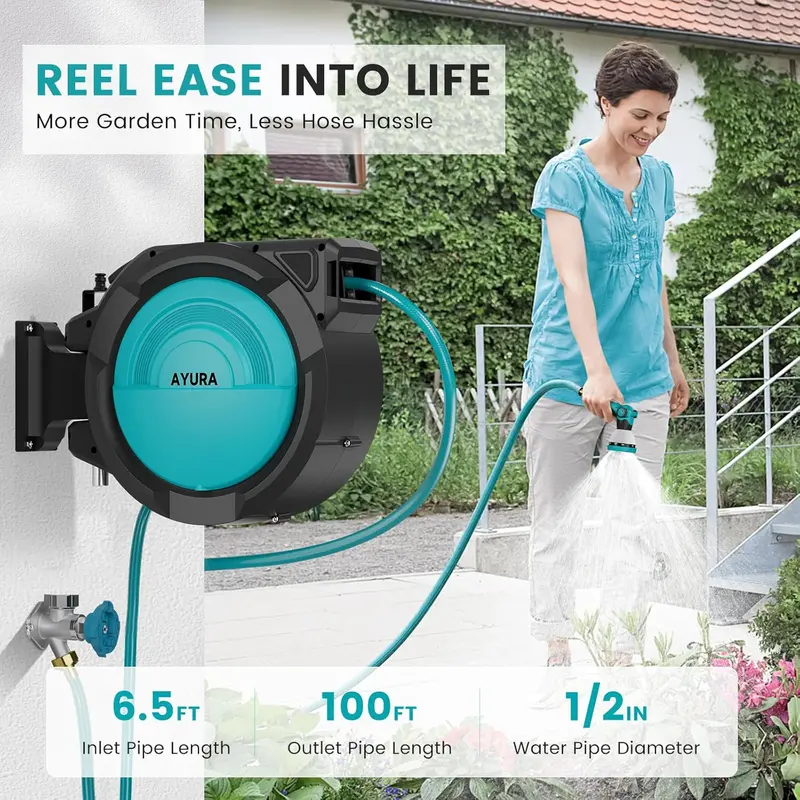 AYURA Auto-Rewind Garden Hose Reel – Retractable Wall-Mounted System with 10-Function Spray Nozzle & Length Lock 2