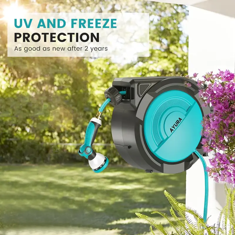 AYURA Auto-Rewind Garden Hose Reel – Retractable Wall-Mounted System with 10-Function Spray Nozzle & Length Lock