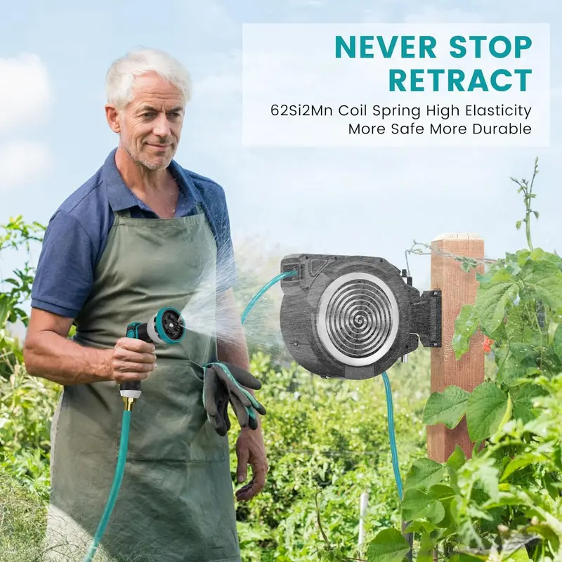 AYURA Auto-Rewind Garden Hose Reel – Retractable Wall-Mounted System with 10-Function Spray Nozzle & Length Lock