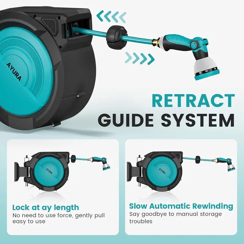 AYURA Auto-Rewind Garden Hose Reel – Retractable Wall-Mounted System with 10-Function Spray Nozzle & Length Lock
