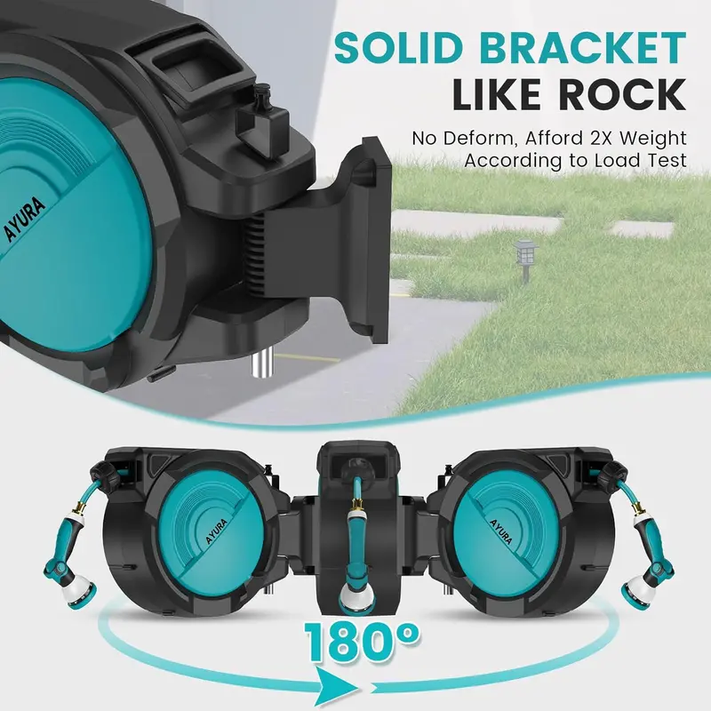 AYURA Auto-Rewind Garden Hose Reel – Retractable Wall-Mounted System with 10-Function Spray Nozzle & Length Lock