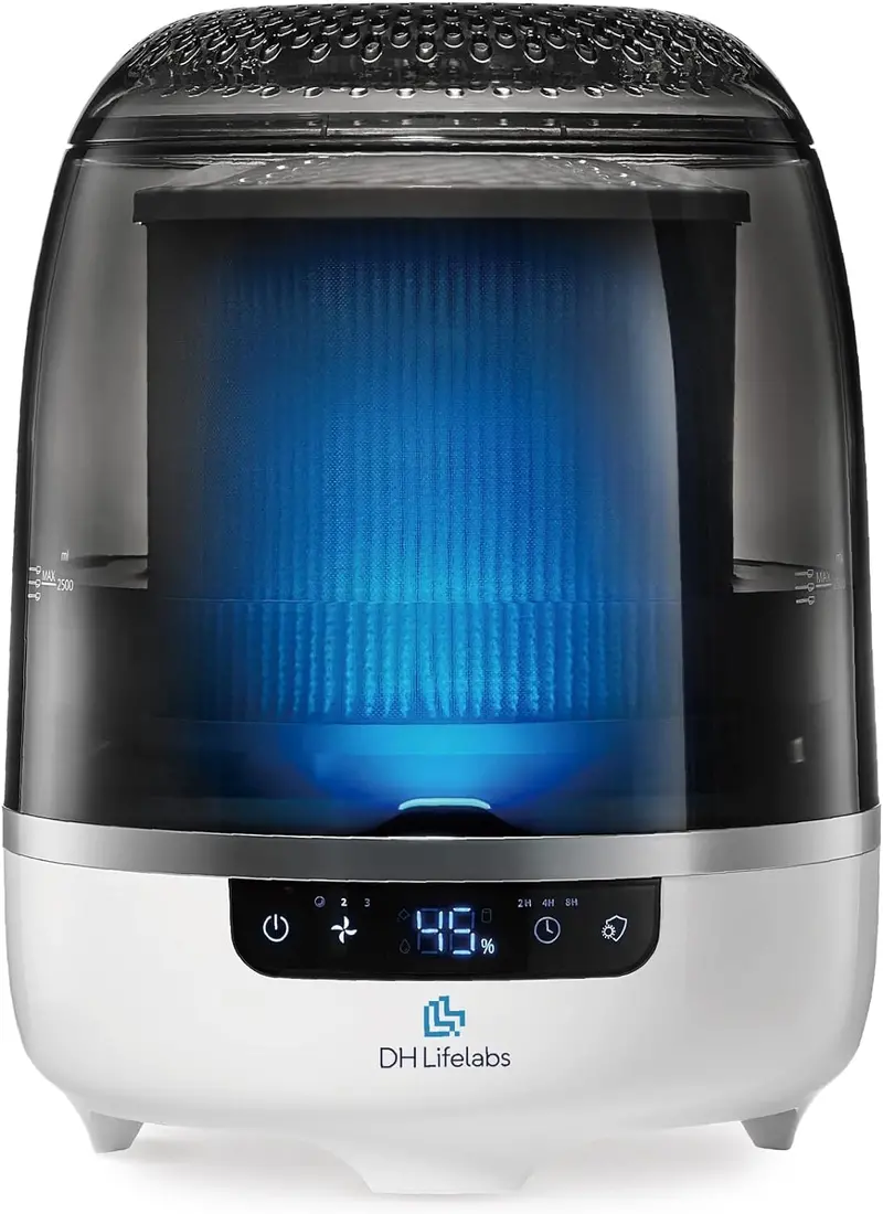 Bedroom Evaporative Humidifier with Air Purification – HOCL-Based Odor & Mildew Eliminator for Rooms up to 538 sq.ft