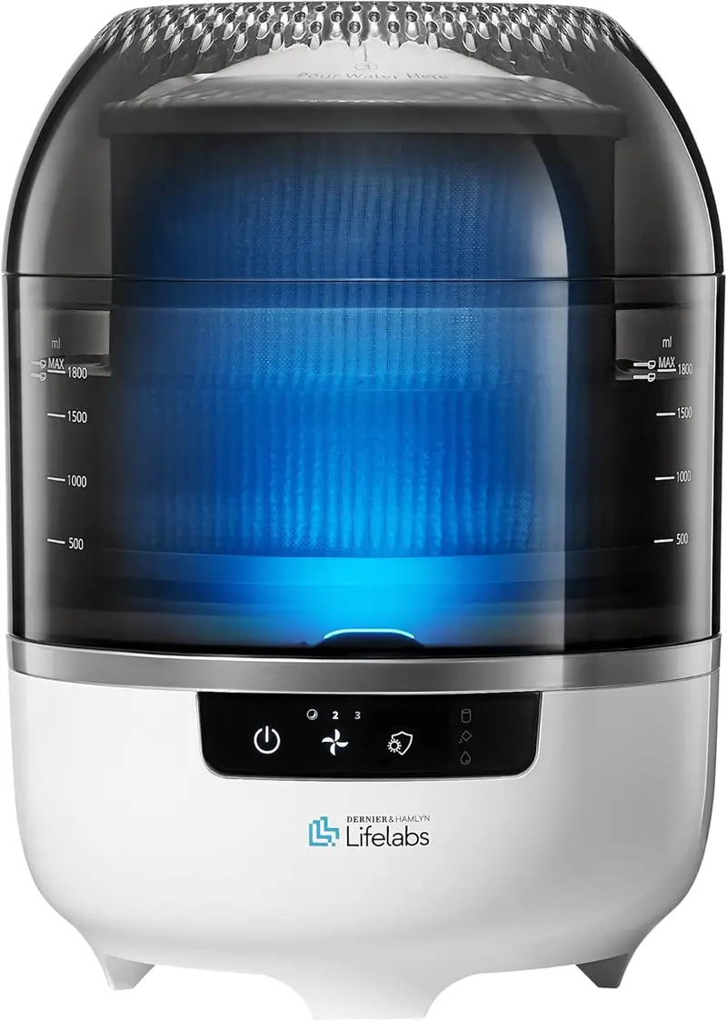 Bedroom Evaporative Humidifier with Air Purification – HOCL-Based Odor & Mildew Eliminator for Rooms up to 538 sq.ft