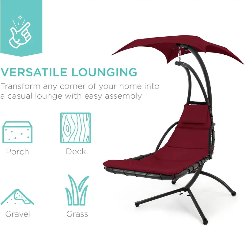 Best Choice Products Curved Steel Hanging Chaise Swing – Teal Outdoor Lounger with Detachable Canopy & Pillow