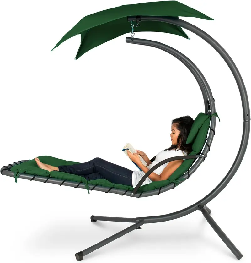 Best Choice Products Curved Steel Hanging Chaise Swing – Teal Outdoor Lounger with Detachable Canopy & Pillow