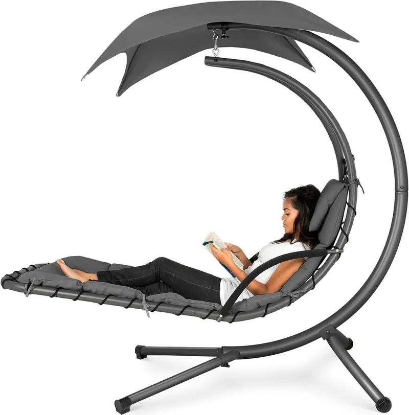 Best Choice Products Curved Steel Hanging Chaise Swing – Teal Outdoor Lounger with Detachable Canopy & Pillow
