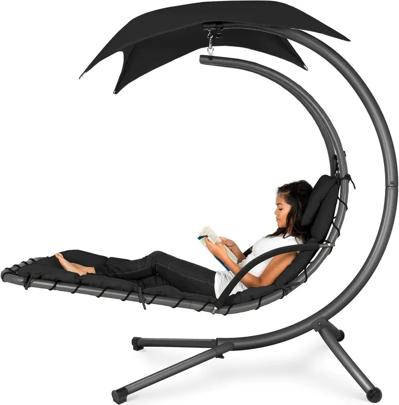 Best Choice Products Curved Steel Hanging Chaise Swing – Teal Outdoor Lounger with Detachable Canopy & Pillow