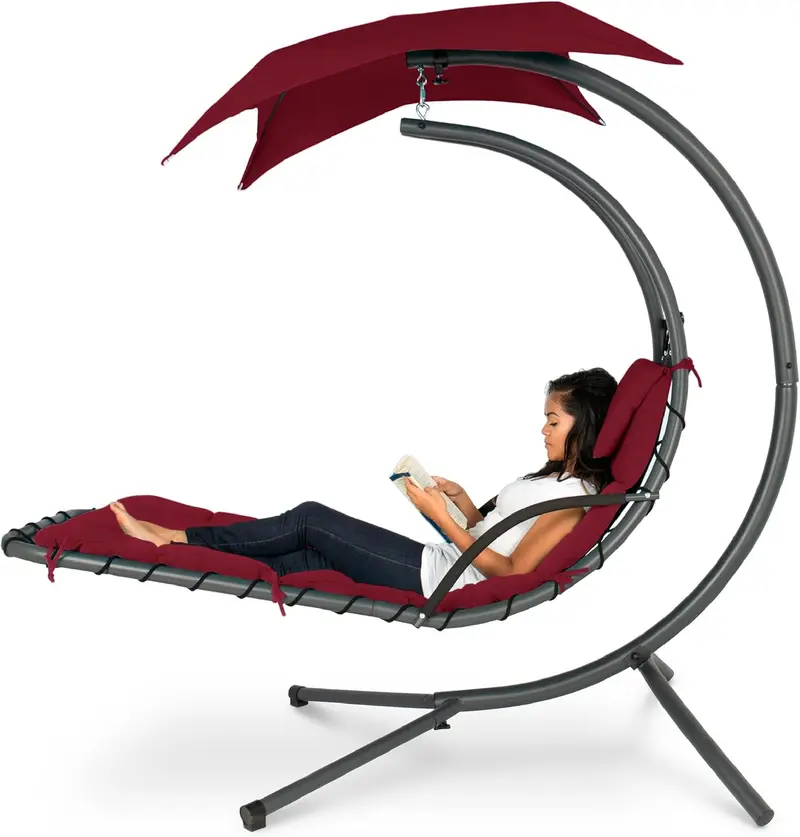 Best Choice Products Curved Steel Hanging Chaise Swing – Teal Outdoor Lounger with Detachable Canopy & Pillow