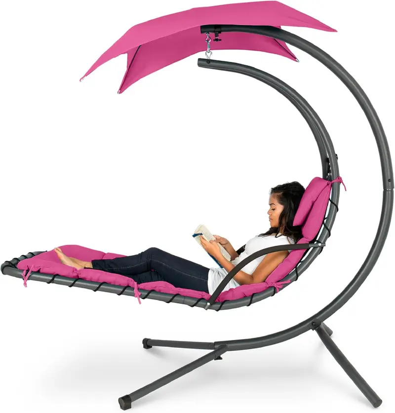 Best Choice Products Curved Steel Hanging Chaise Swing – Teal Outdoor Lounger with Detachable Canopy & Pillow