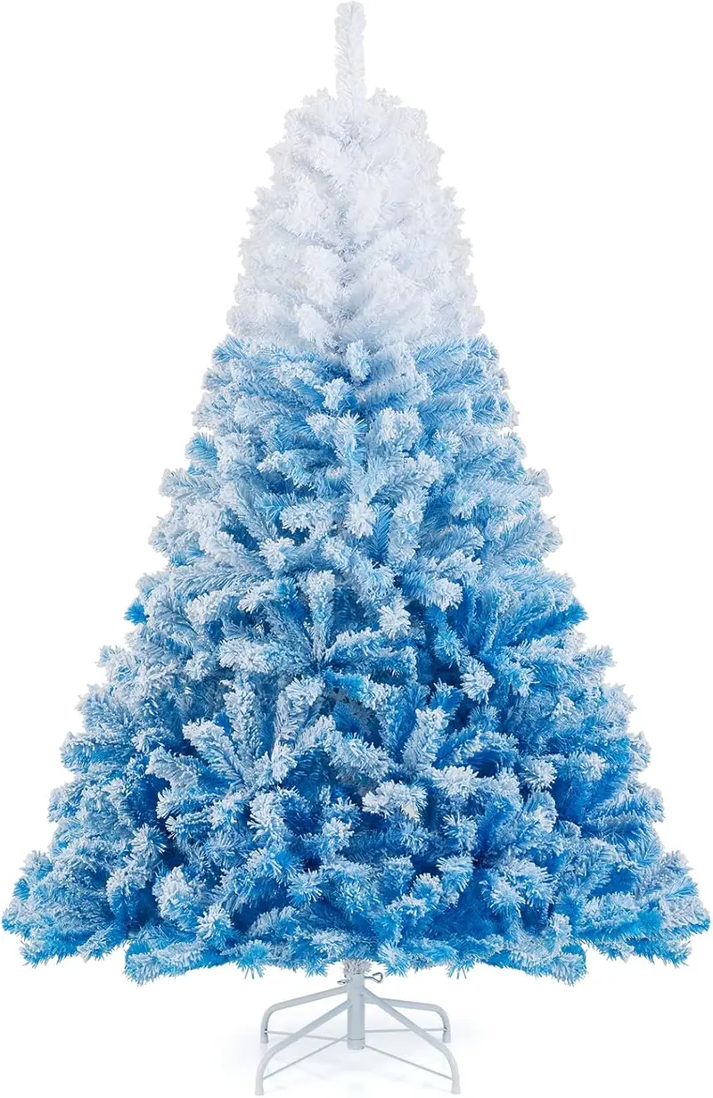 Blue-and-White Snow-Flocked Christmas Tree with Dense Tips and Collapsible Metal Stand