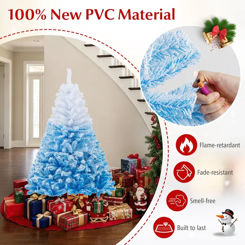 Blue-and-White Snow-Flocked Christmas Tree with Dense Tips and Collapsible Metal Stand