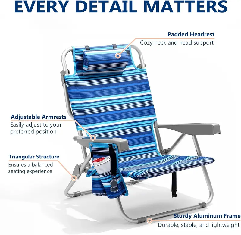 Blue Stripe Tall Aluminum Beach Chairs (2-Pack) – Lay-Flat Design with Cooler Pouch, Towel Bar & Smartphone Holder