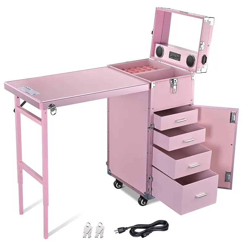 BYOOTIQUE Pink Rolling Nail Station — Cosmetic Trolley with Mirror, Four Drawers, and Locking Casters