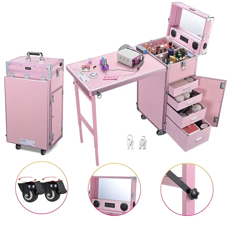 BYOOTIQUE Pink Rolling Nail Station — Cosmetic Trolley with Mirror, Four Drawers, and Locking Casters 2