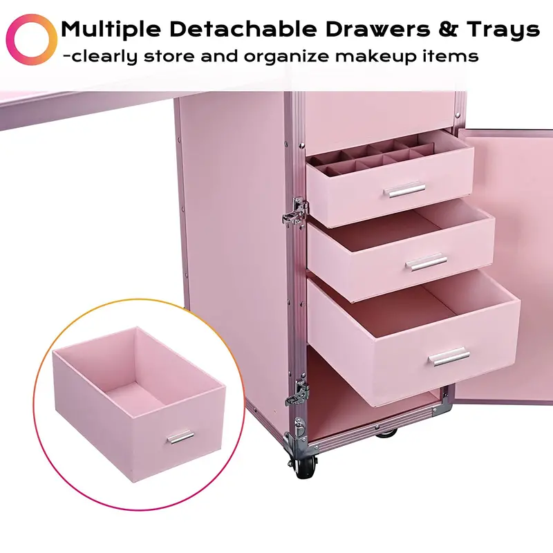 BYOOTIQUE Pink Rolling Nail Station — Cosmetic Trolley with Mirror, Four Drawers, and Locking Casters