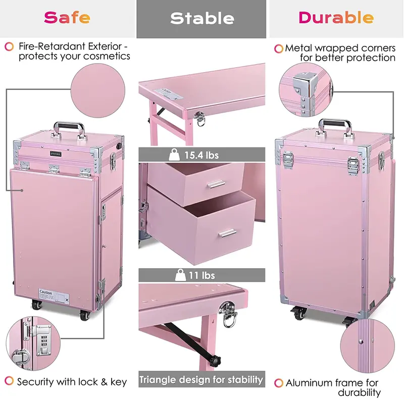 BYOOTIQUE Pink Rolling Nail Station — Cosmetic Trolley with Mirror, Four Drawers, and Locking Casters