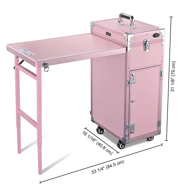 BYOOTIQUE Pink Rolling Nail Station — Cosmetic Trolley with Mirror, Four Drawers, and Locking Casters