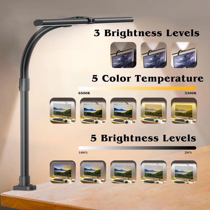 Clamp-Mount Dual-Light LED Desk Lamp – 24W Output, Adjustable CCT and Brightness, Articulating Gooseneck for Workspaces