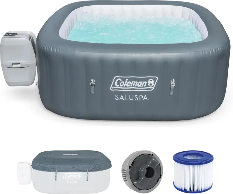 Coleman SaluSpa Atlantis Square Inflatable Hot Tub – Spacious 4–6 Person Outdoor Spa with 140 Jets