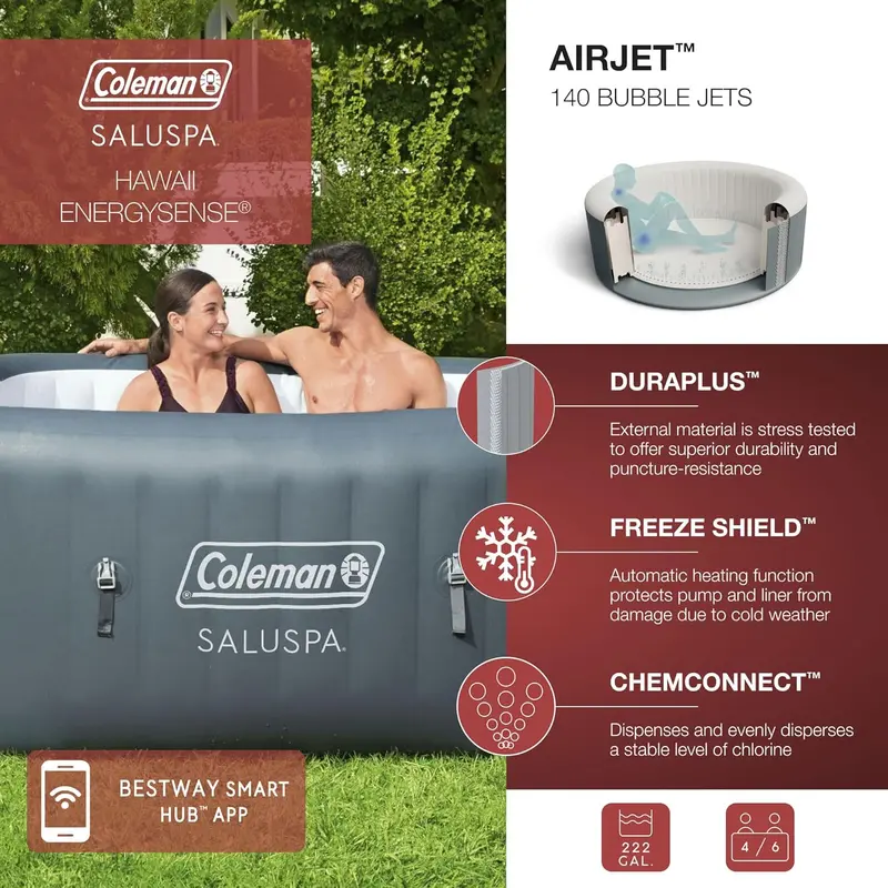 Coleman SaluSpa Atlantis Square Inflatable Hot Tub – Spacious 4–6 Person Outdoor Spa with 140 Jets