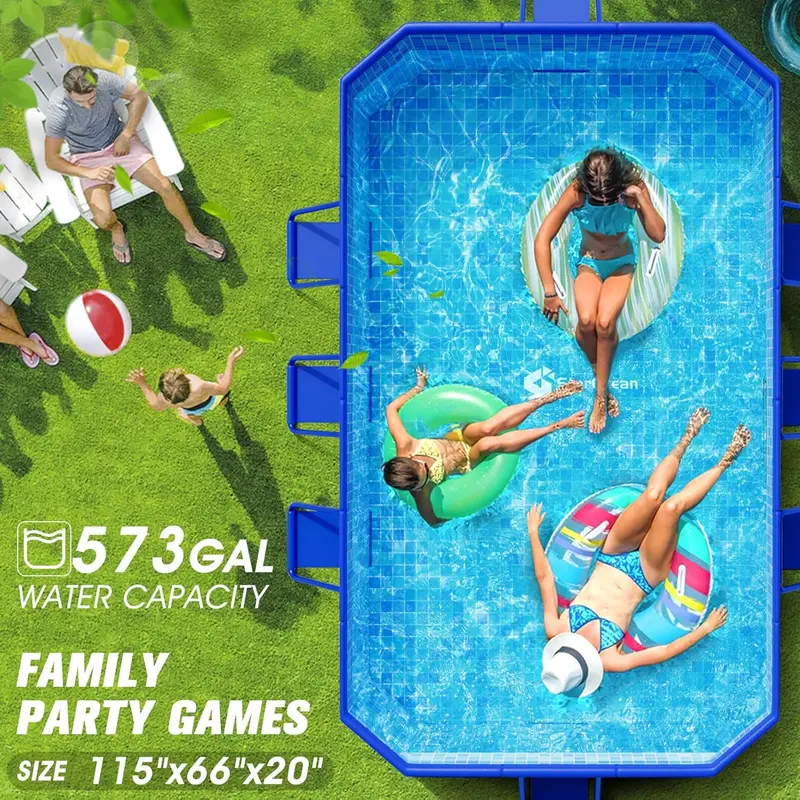 Collapsible Hard-Shell Backyard Pool – Non-Inflatable Folding Pool (115" x 66" x 20") with Mosaic Design for Kids & Adults