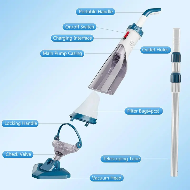 Cordless Handheld Pool Vacuum: Extendable Pole, 60-Minute Battery Life, 18.5 GPM Suction for Above-Ground Pools