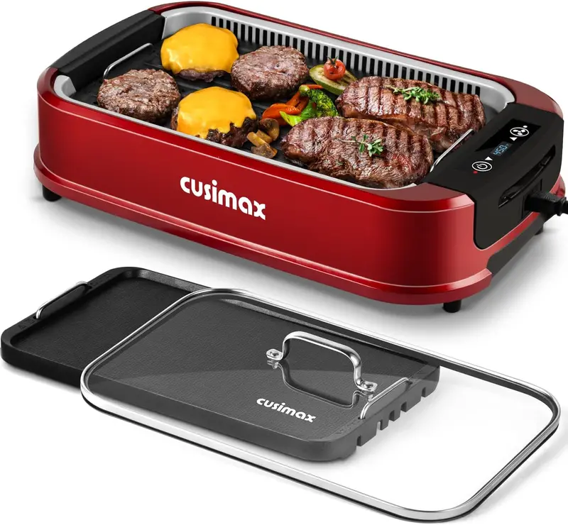 CUSIMAX Turbo Smokeless Indoor Grill – Tempered Glass Lid, Single Non-Stick Plate & High-Efficiency Smoke Extractor
