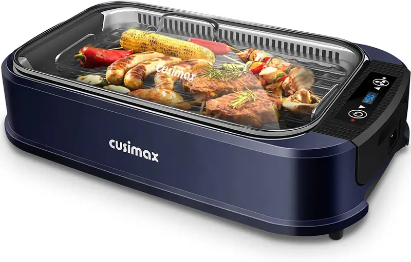 CUSIMAX Turbo Smokeless Indoor Grill – Tempered Glass Lid, Single Non-Stick Plate & High-Efficiency Smoke Extractor