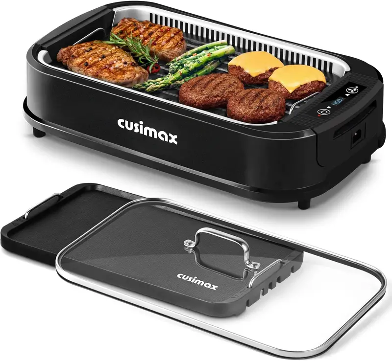 CUSIMAX Turbo Smokeless Indoor Grill – Tempered Glass Lid, Single Non-Stick Plate & High-Efficiency Smoke Extractor