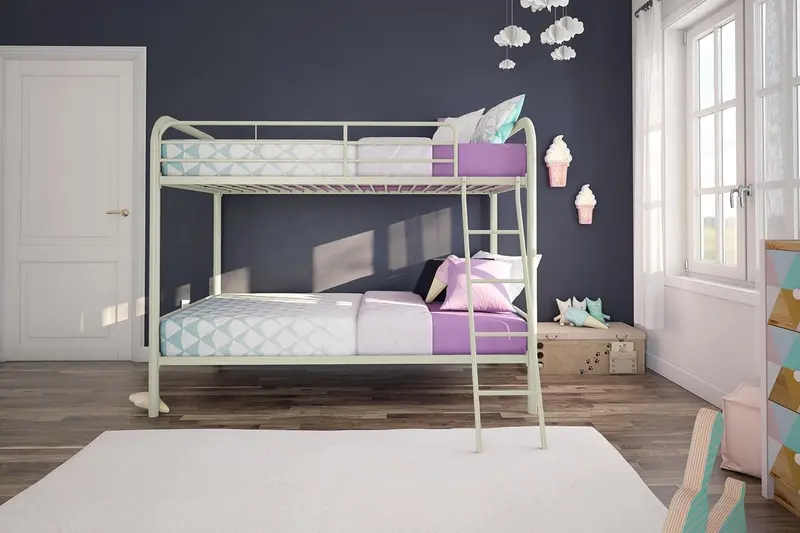 DHP Dusty Twin-Over-Full Bunk Bed – Space-Saving Metal Frame in Soft Off-White Finish