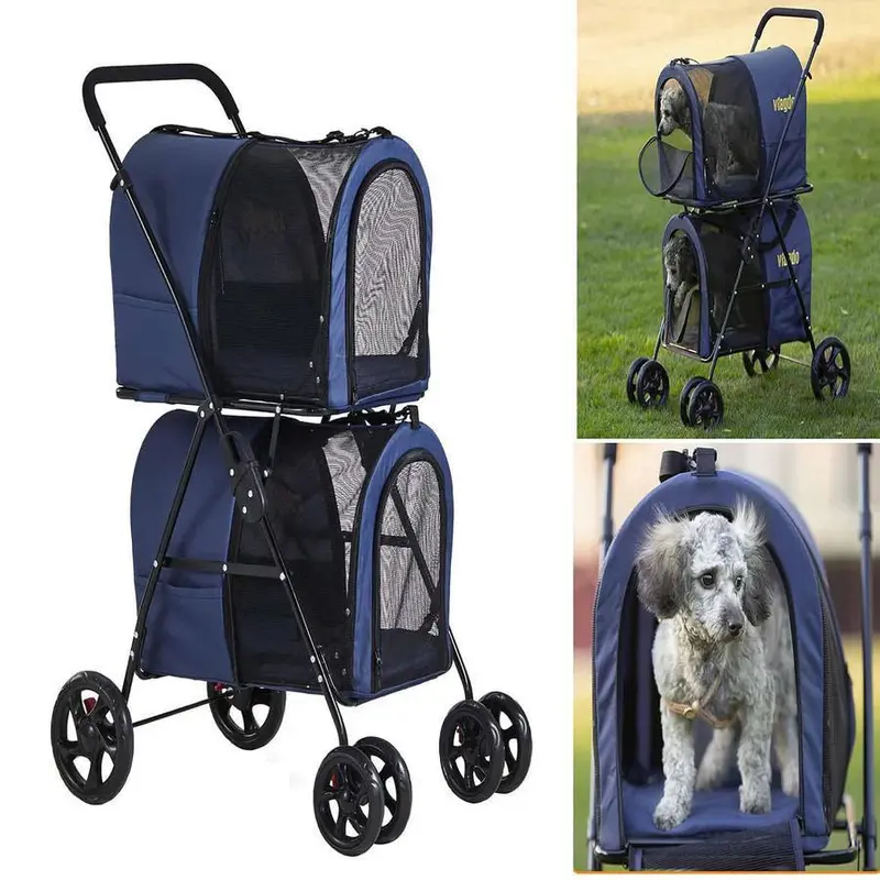 Double Pet Stroller – 42-Inch Navy Foldable Stroller with Four-Wheel Suspension for Two Dogs or Cats