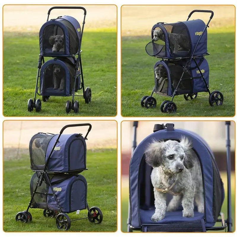 Double Pet Stroller – 42-Inch Navy Foldable Stroller with Four-Wheel Suspension for Two Dogs or Cats
