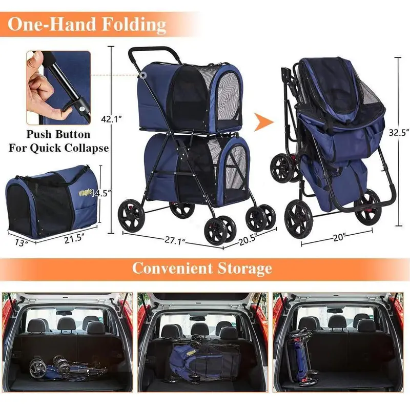 Double Pet Stroller – 42-Inch Navy Foldable Stroller with Four-Wheel Suspension for Two Dogs or Cats