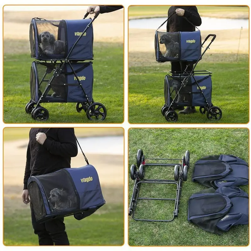 Double Pet Stroller – 42-Inch Navy Foldable Stroller with Four-Wheel Suspension for Two Dogs or Cats