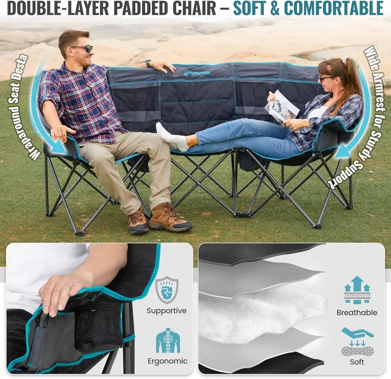 Dual-Occupant Camping Chair – Extra-Wide Foldable Seat Featuring Built-In Cooler and 1000 lb Weight Capacity