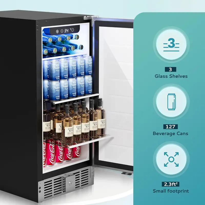 EUHOMY 15-Inch Undercounter Beverage Fridge – 127-Can Capacity, Stainless Steel Door, Flexible Installation Options for Soda, Beer & Drinks