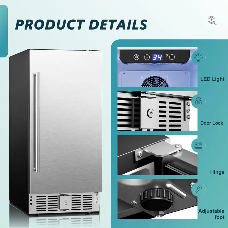 EUHOMY 15-Inch Undercounter Beverage Fridge – 127-Can Capacity, Stainless Steel Door, Flexible Installation Options for Soda, Beer & Drinks